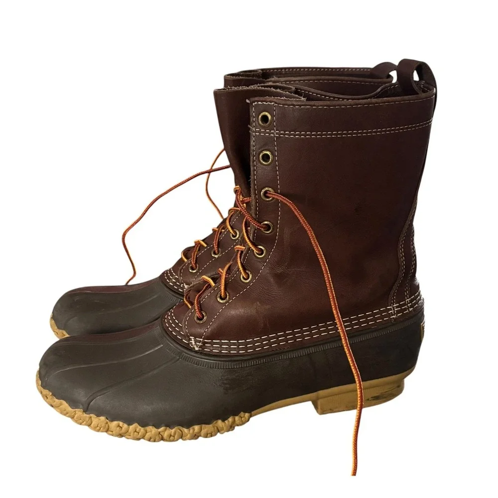 LL Bean Duck Boots Mens 10 Brown Excellent Sheepskin Cushioned Footbed 8-Inch